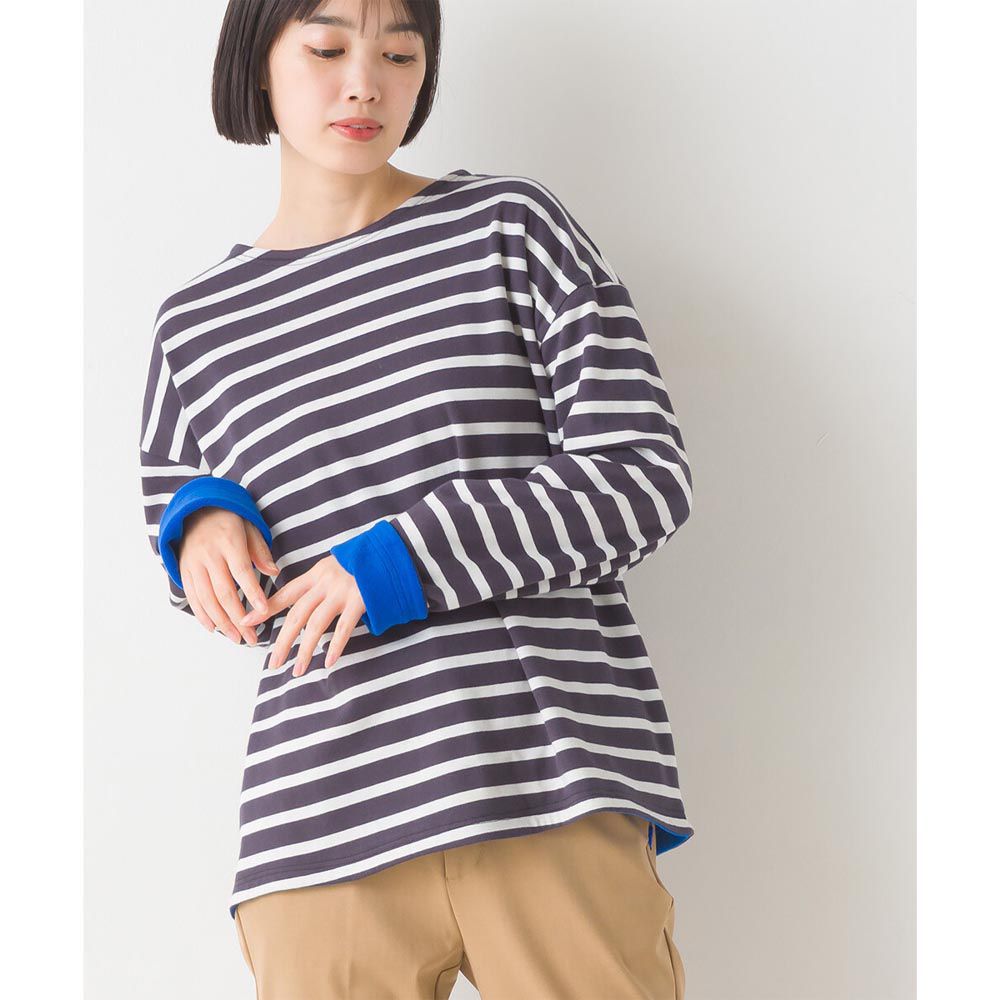日本 OMNES - 100%棉 圓領撞色長袖上衣-條紋x藍