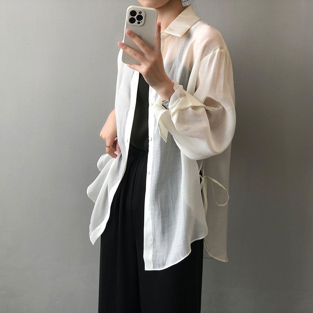 透膚感薄長袖襯衫-側開衩綁帶-奶白色
