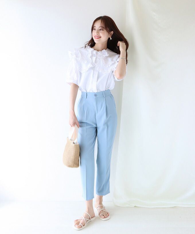 日本 BLUE EAST - 輕奢多層次荷葉大領短袖上衣-白