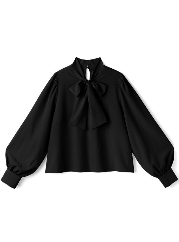 日本 GRL - 緞面蝴蝶結澎袖上衣-氣質米