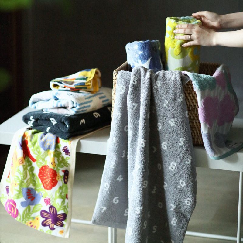 日本代購 - 【SOU·SOU】日本製今治純棉長毛巾(抗菌防臭加工)-數字-卡其 (34×80)