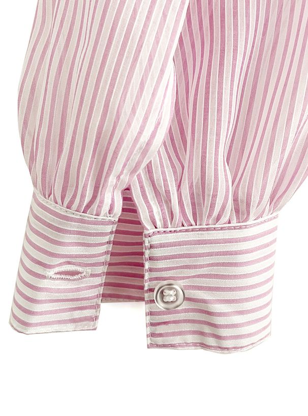 日本 GRL - 店員推薦 微透膚翻領長袖襯衫-直條紋-櫻花粉 (F)