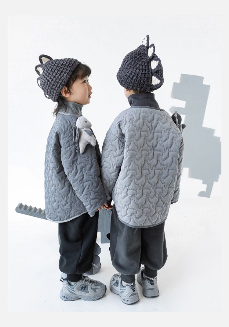 TONGMO - 可拆卸造型鋪棉包邊保暖外套-恐龍-淺灰色