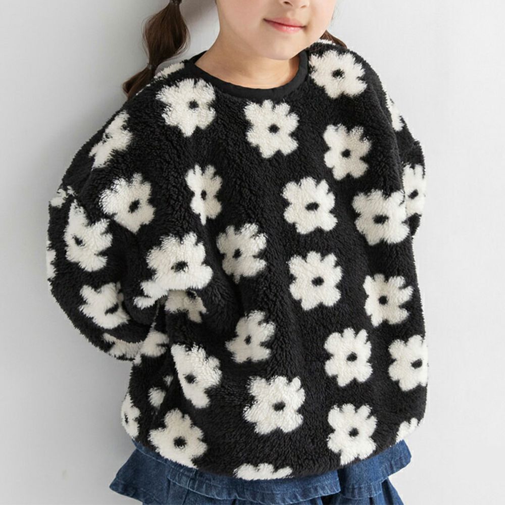 泰迪熊雙面毛絨可愛長袖上衣-黑白小花