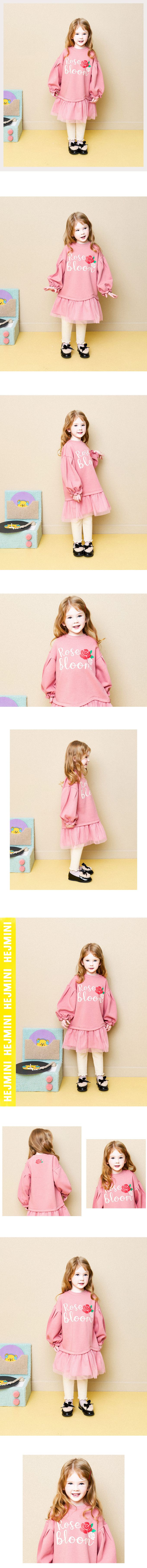 韓國 HEJMINI - (內刷毛)玫瑰印縮袖拼接網紗洋裝-粉