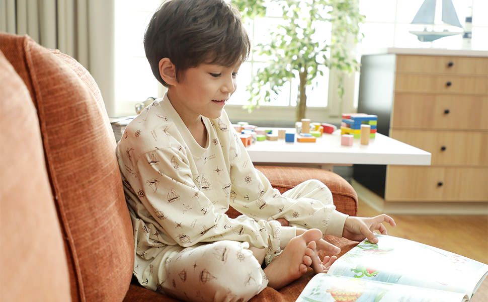 Annypepe - 男童純棉帆船長袖居家服-米白 (120-150cm)