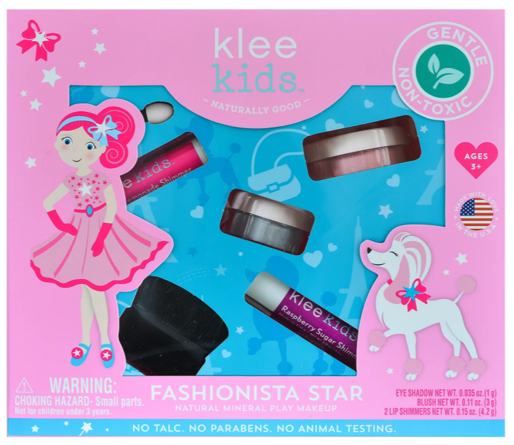 美國 Klee Kids - 時尚明星彩妝組-星辰藍礦物眼影(1g)+甜心粉礦物腮紅(3g)+粉檸檬亮光潤唇膏(4.2g)+寶貝紅亮光潤唇膏(4.2g)+雙頭眼影棒+腮紅刷(共6件)