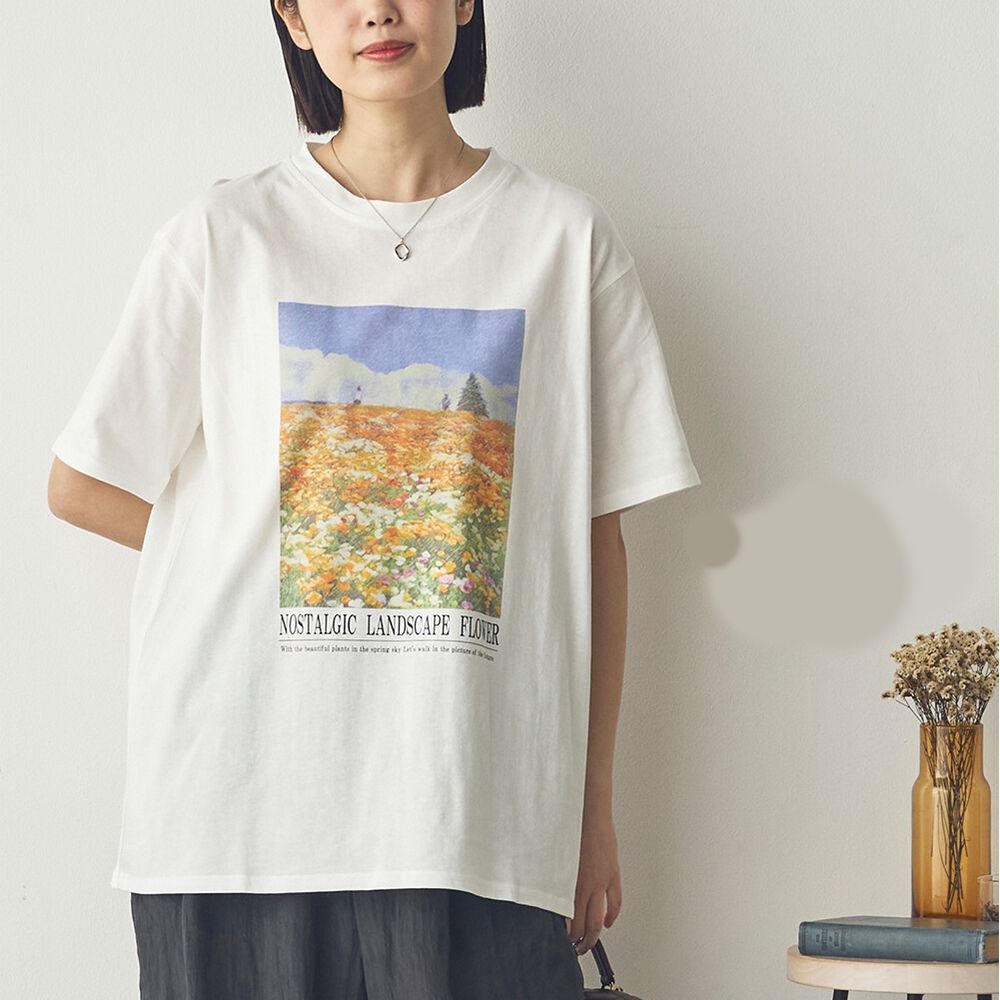 100%棉 百搭印花短袖上衣-浪漫花園-白