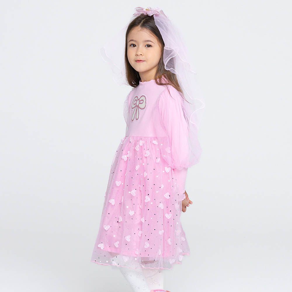 (附髮飾)愛心瓣點綴網紗長袖公主洋裝-粉