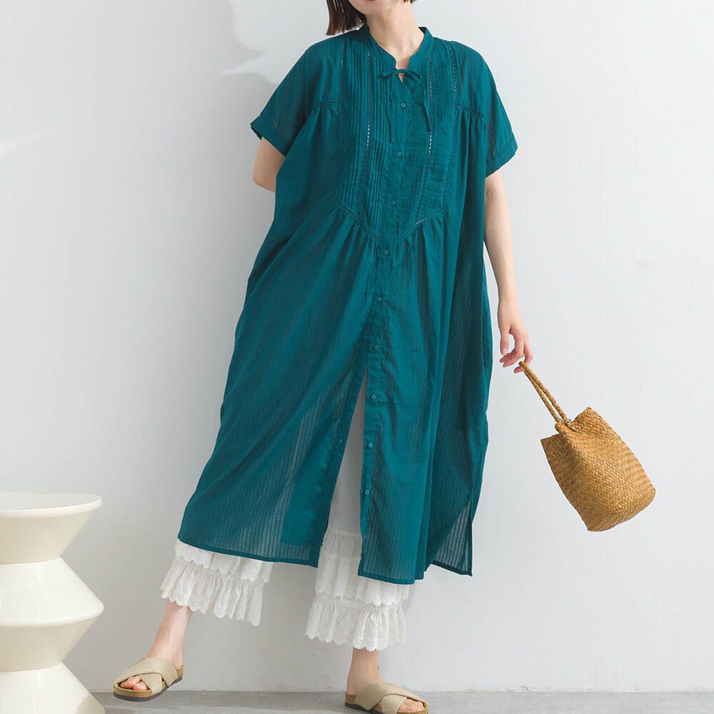 100%印度棉 細緻鏤空蝴蝶結短袖洋裝-復古綠