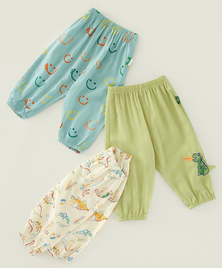 天絲棉腰鬆緊休閒防蚊褲/長褲-怒吼小恐龍-綠色