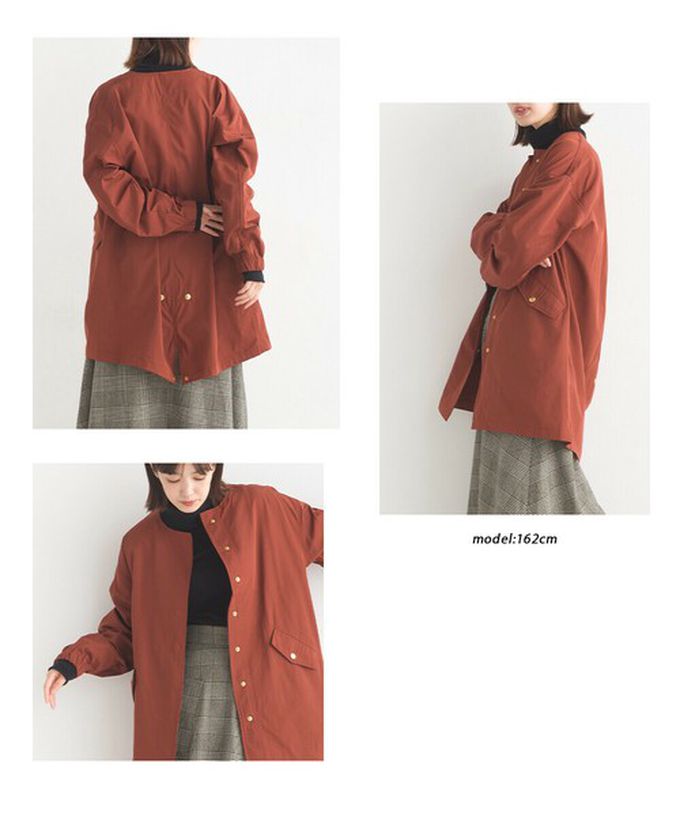 日本 OMNES - 撥水加工 休閒無領中長版風衣外套-磚橘紅