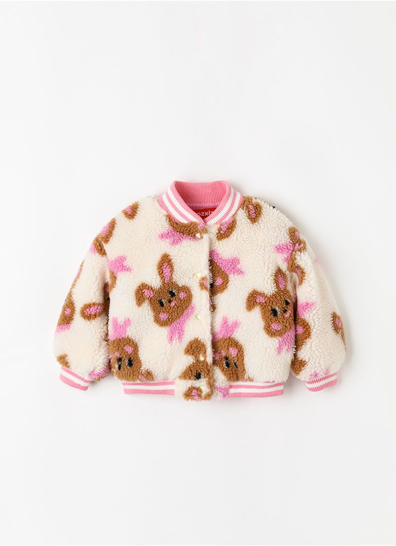 韓國 OZKIZ - 保暖毛絨絎縫內裡棒球外套-咖啡兔