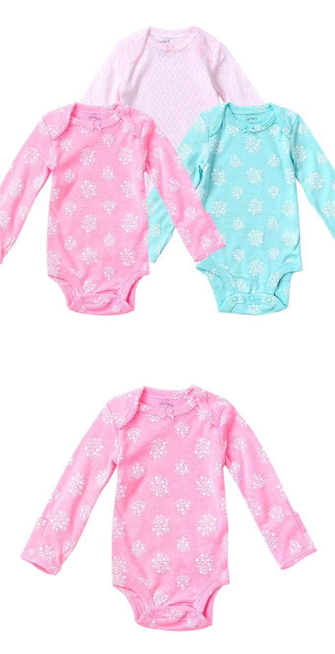 美國 Carter's - 花卉圖案三色長袖包屁衣3件組 (NB)