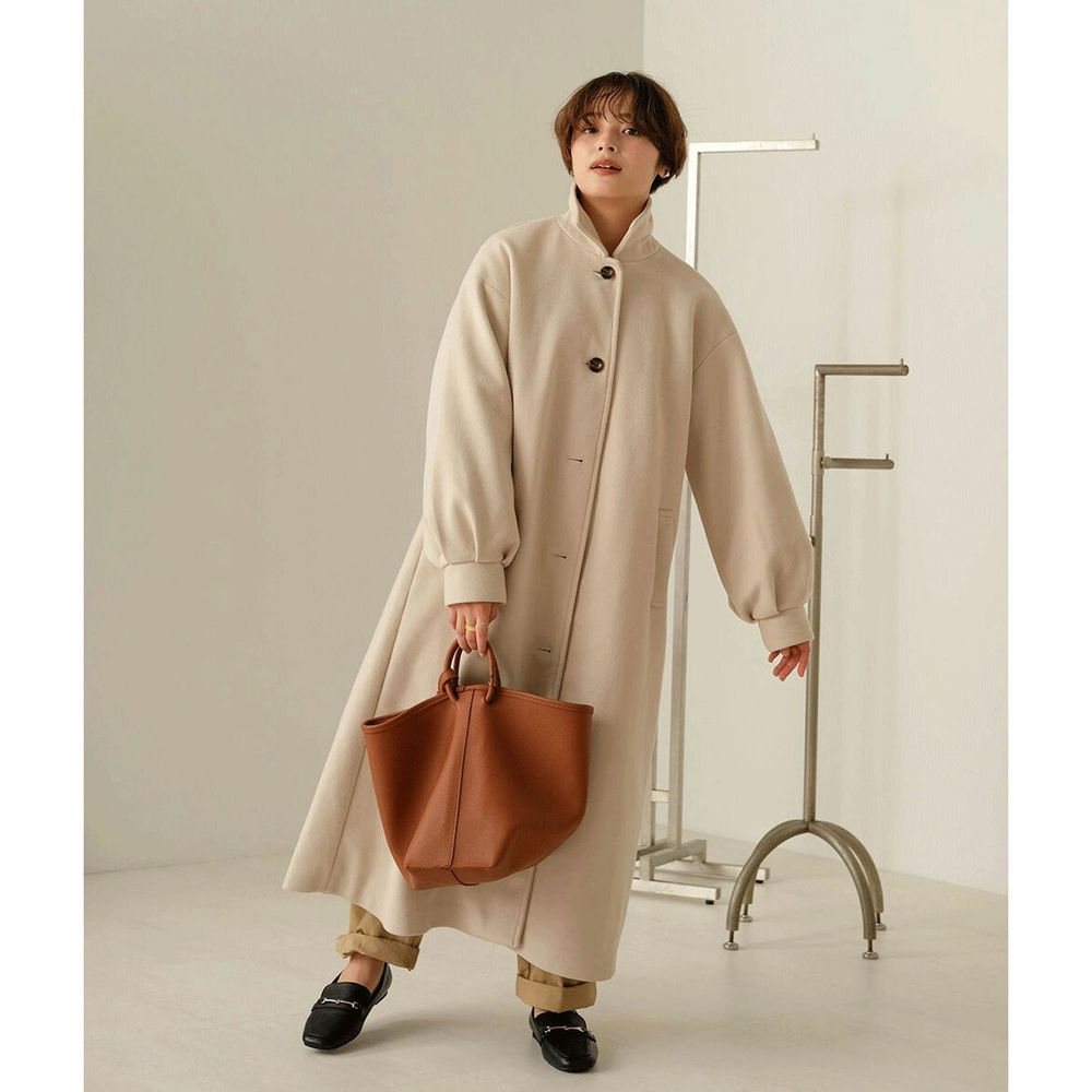 日本 Bou Jeloud - 寬鬆修身立領長版大衣-米
