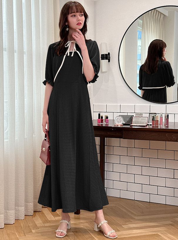 日本 GRL - 雲朵泡泡布前綁帶兩件式洋裝-經典黑 (F)