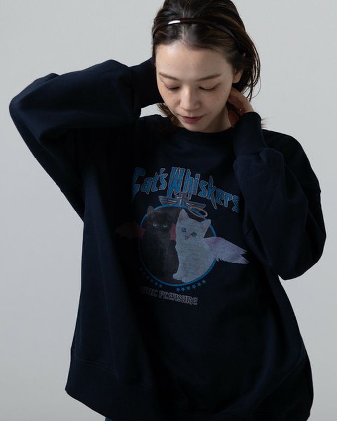 日本 gleam - 裏毛寬版天使惡魔貓咪印花大學T-深藍