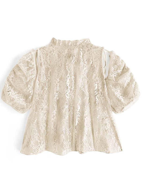 日本 GRL - 花朵蕾絲領綁帶短袖上衣-黑 (F)