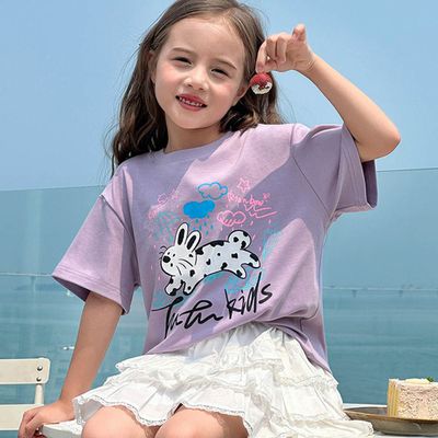 TUTU - 休閒圓領落肩短袖上衣/T恤-童趣萌繪-灰紫色