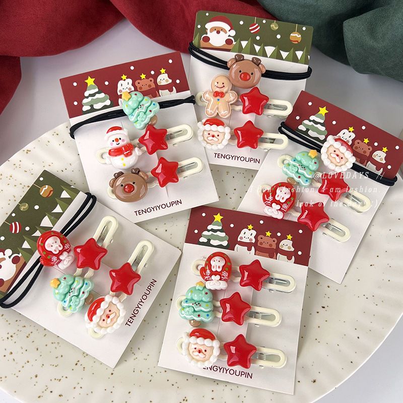 聖誕節造型可愛髮夾+髮圈(3入)-兔兔手套髮圈