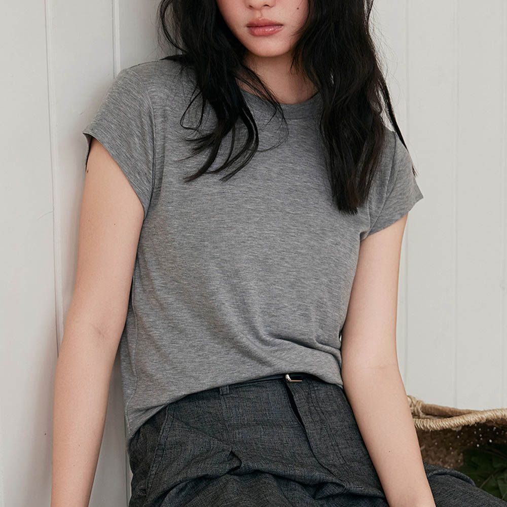 天絲羊毛修身短袖上衣-尾灰