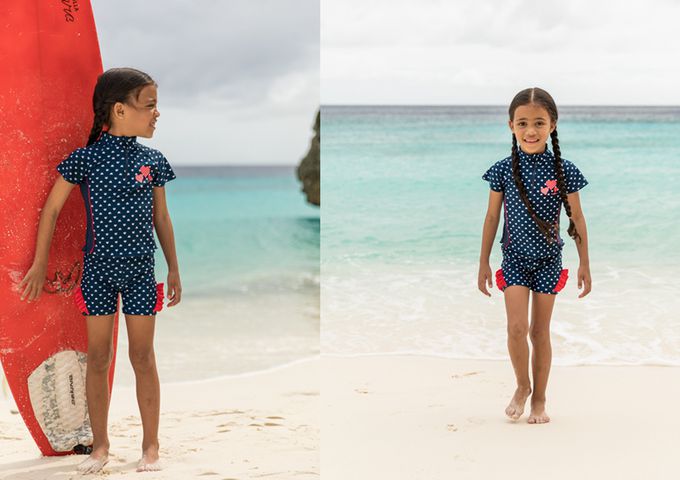 德國Playshoes - 抗UV防曬短袖兩件組兒童泳裝-愛心荷葉邊