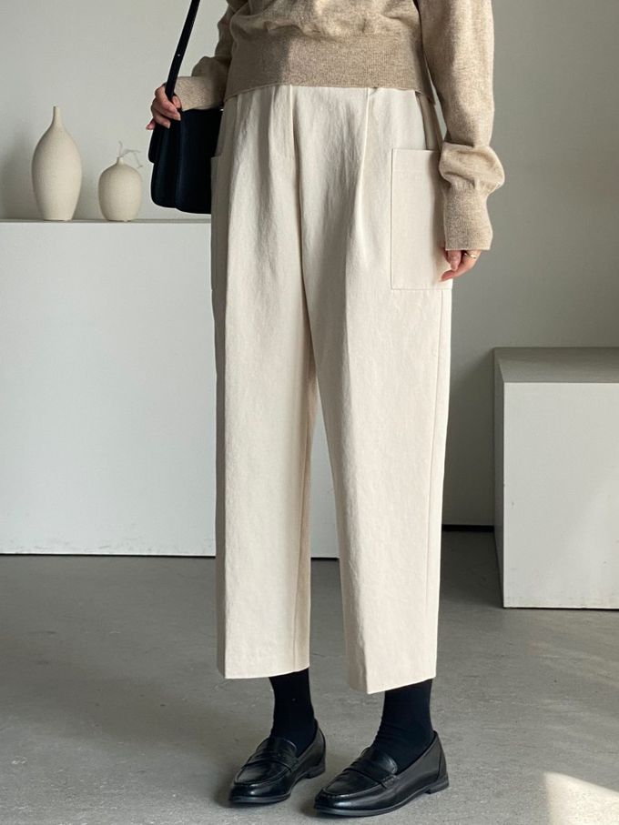 韓國女裝連線 - 鬆緊腰雙口袋錐形修飾長褲-米白 (FREE)