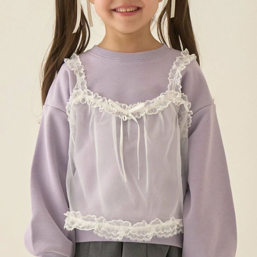 夢幻蕾絲吊帶縮口長袖上衣-紫