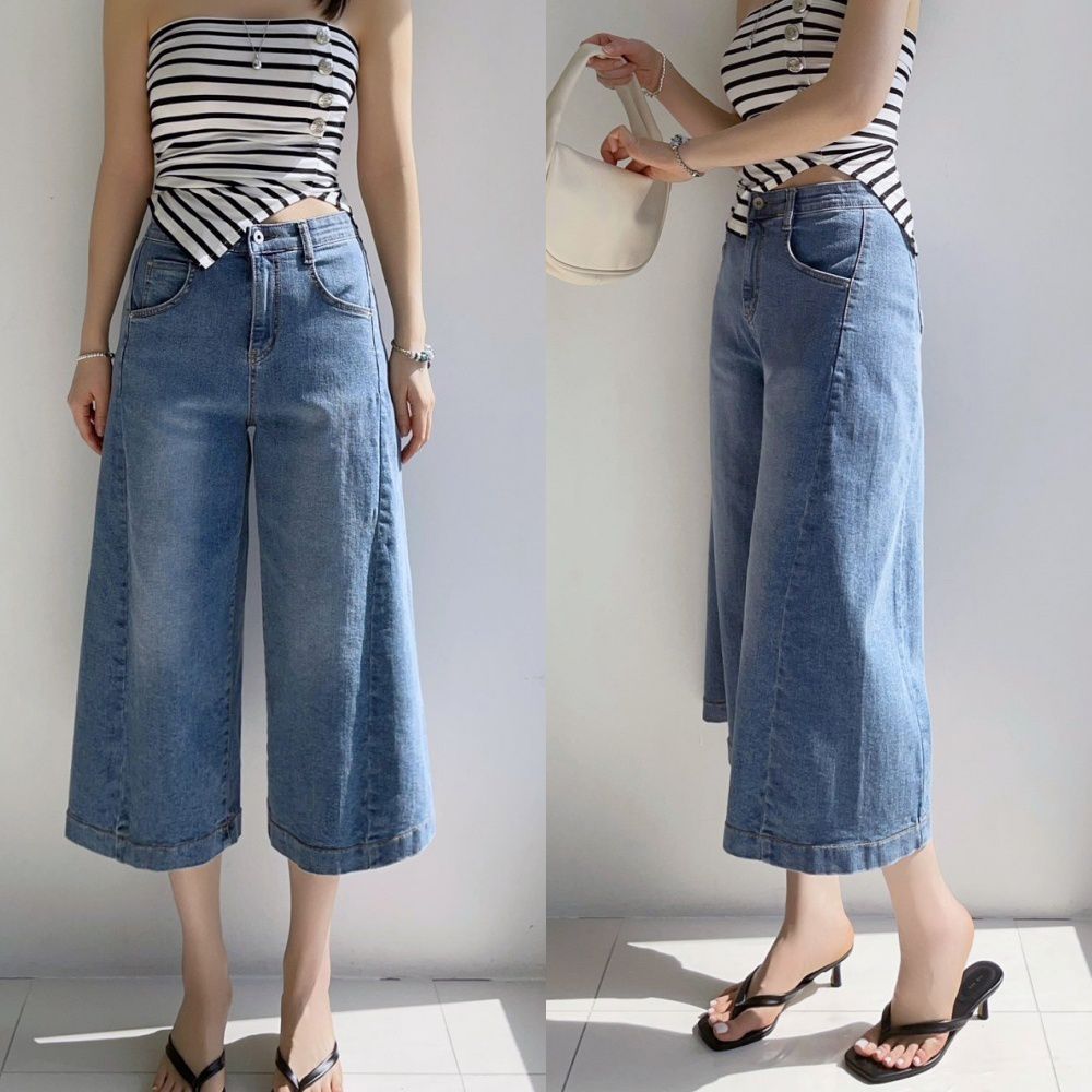 Howluk 彈性腰環錠紡紗丹寧拼接A字八分褲-中青