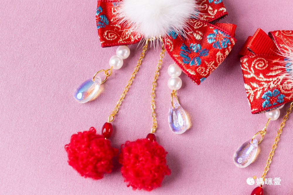 兔年喜氣洋洋拜年兒童髮飾-蝴蝶結+小金兔-紅色