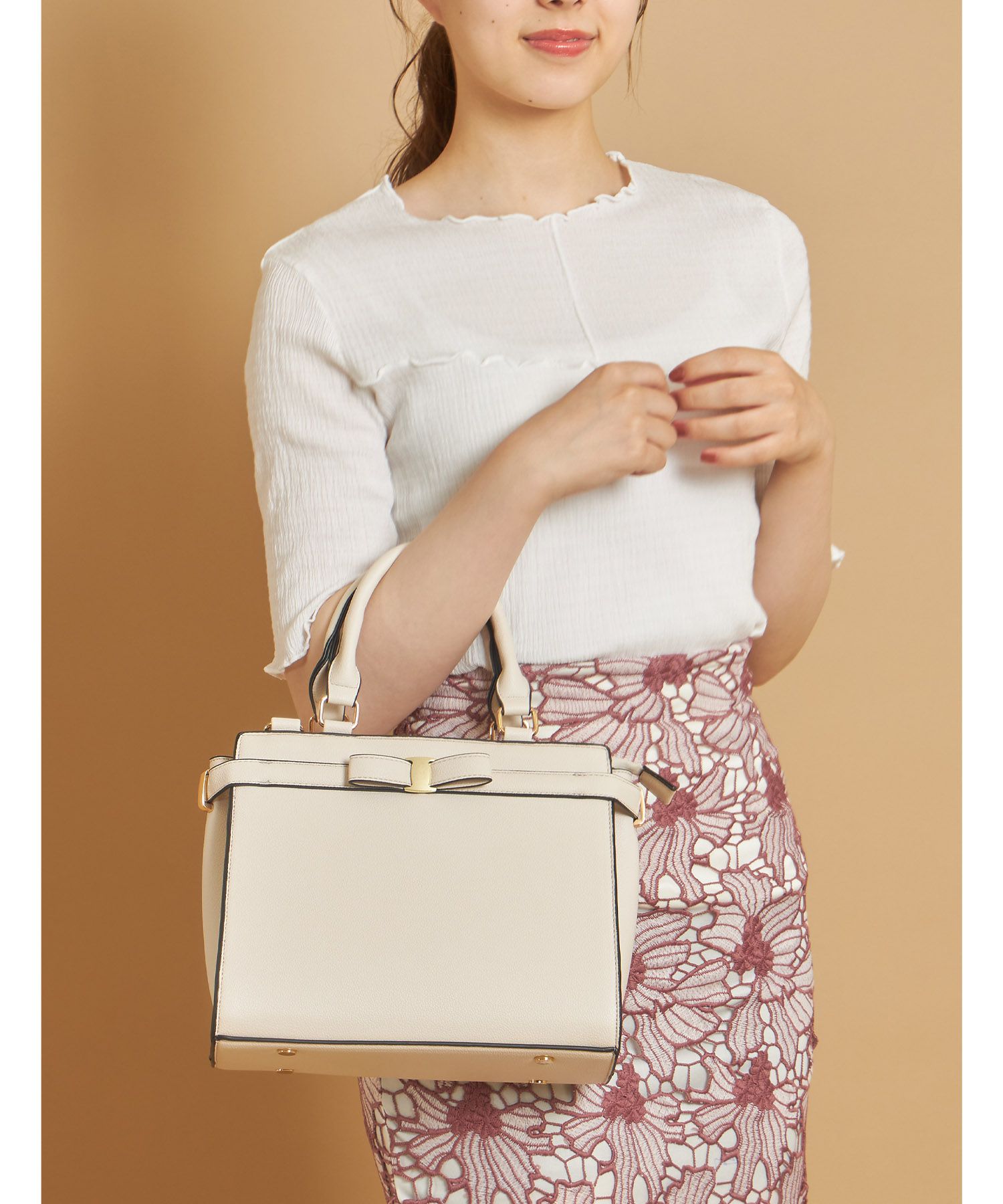 日本 tocco-closet - 蝴蝶結金釦手提包/側背包-氣質杏