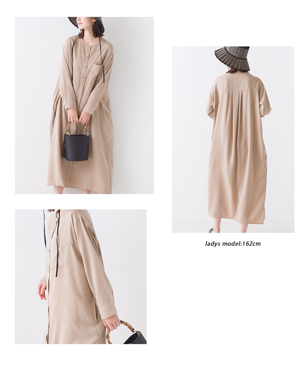 日本 OMNES - 低調光澤休閒薄長袖洋裝-淺米杏