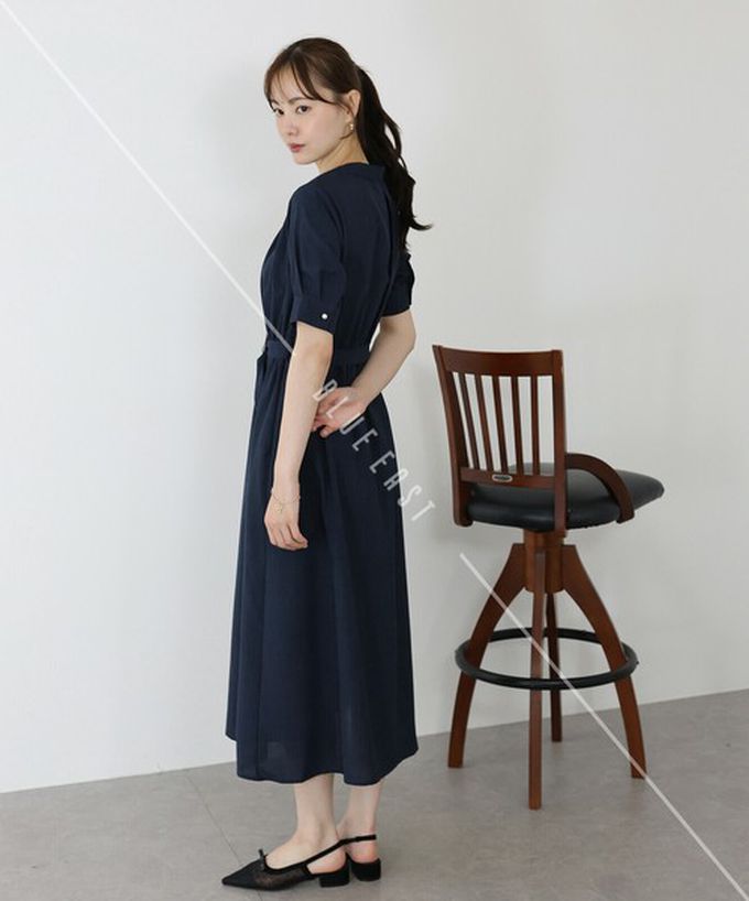 日本 BLUE EAST - 優雅打褶2way領束腰短袖洋裝-摩卡