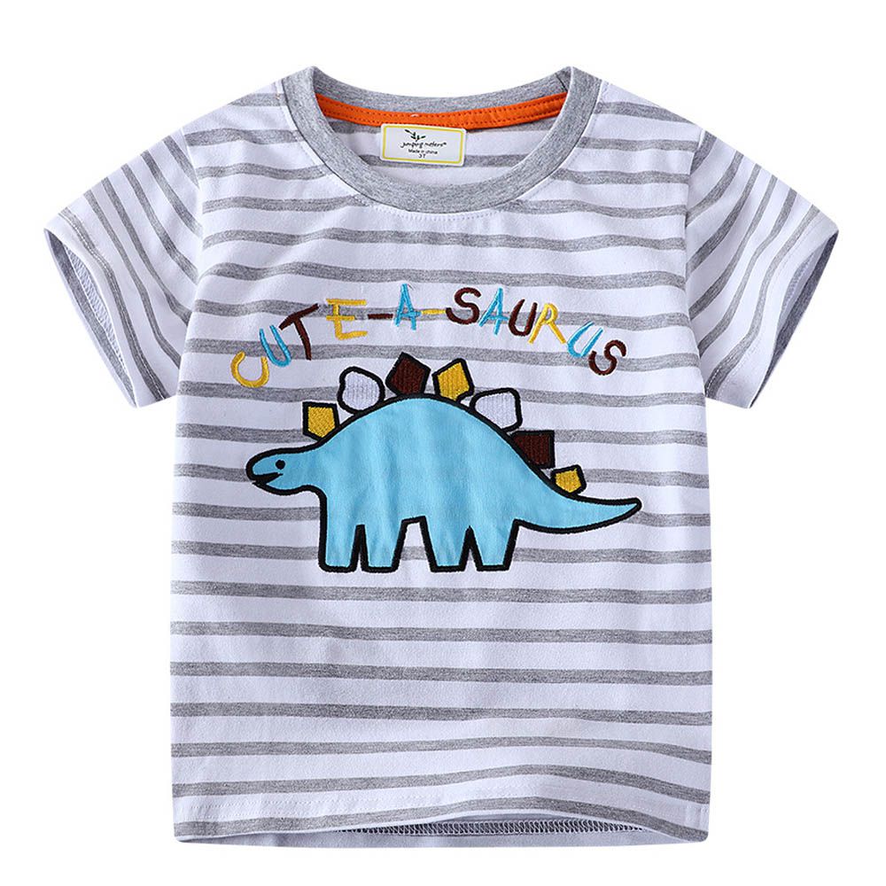 棉質圓領短袖上衣-可愛恐龍-灰色條紋