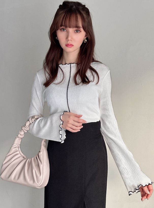 日本 GRL - 撞色木耳捲邊皺縮長袖上衣-黑x白 (F)