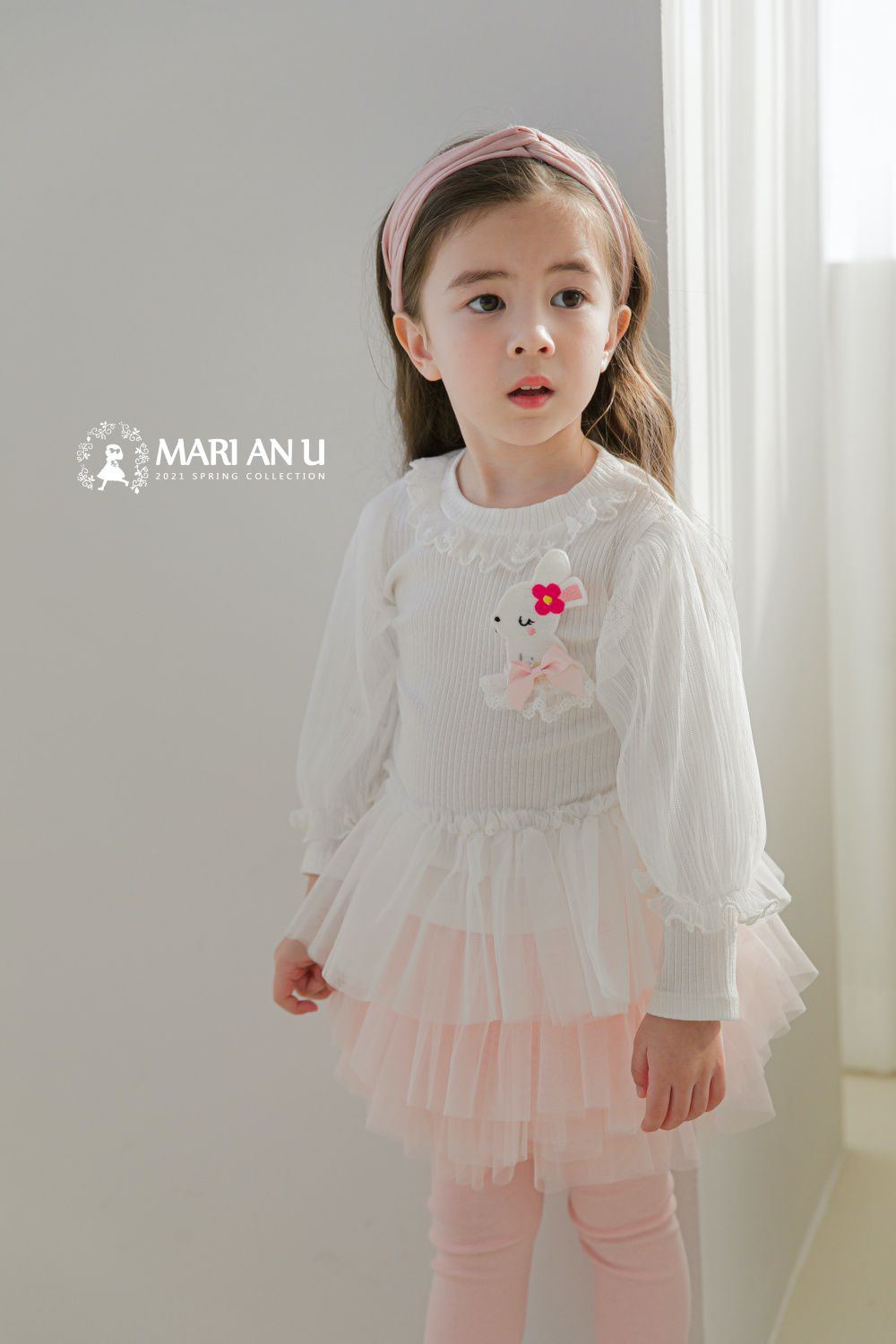 韓國 mari an u - 小兔子網紗泡泡袖上衣-象牙白