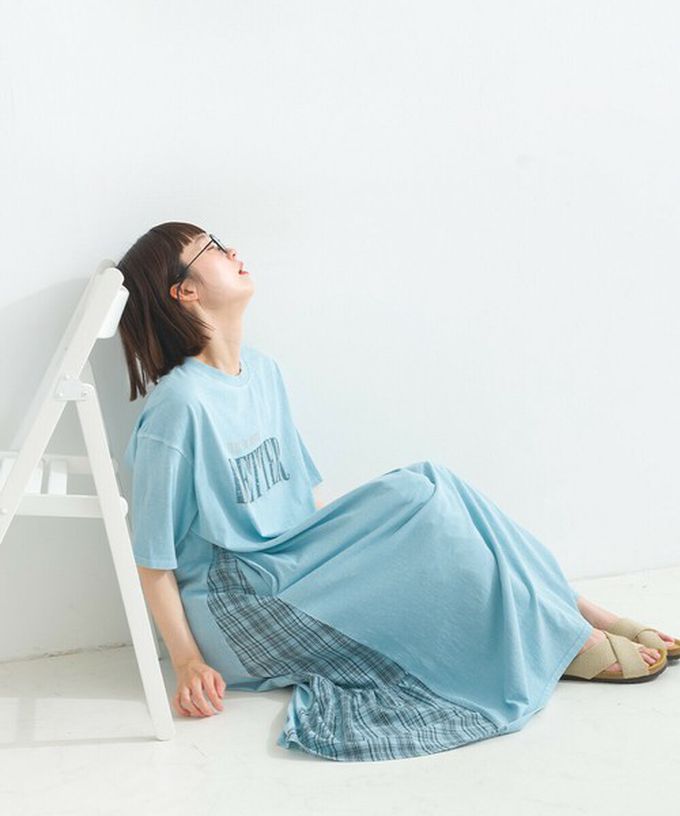 日本 Lupilien - 復古寬鬆格紋拼接短袖洋裝-BETTER-粉紅