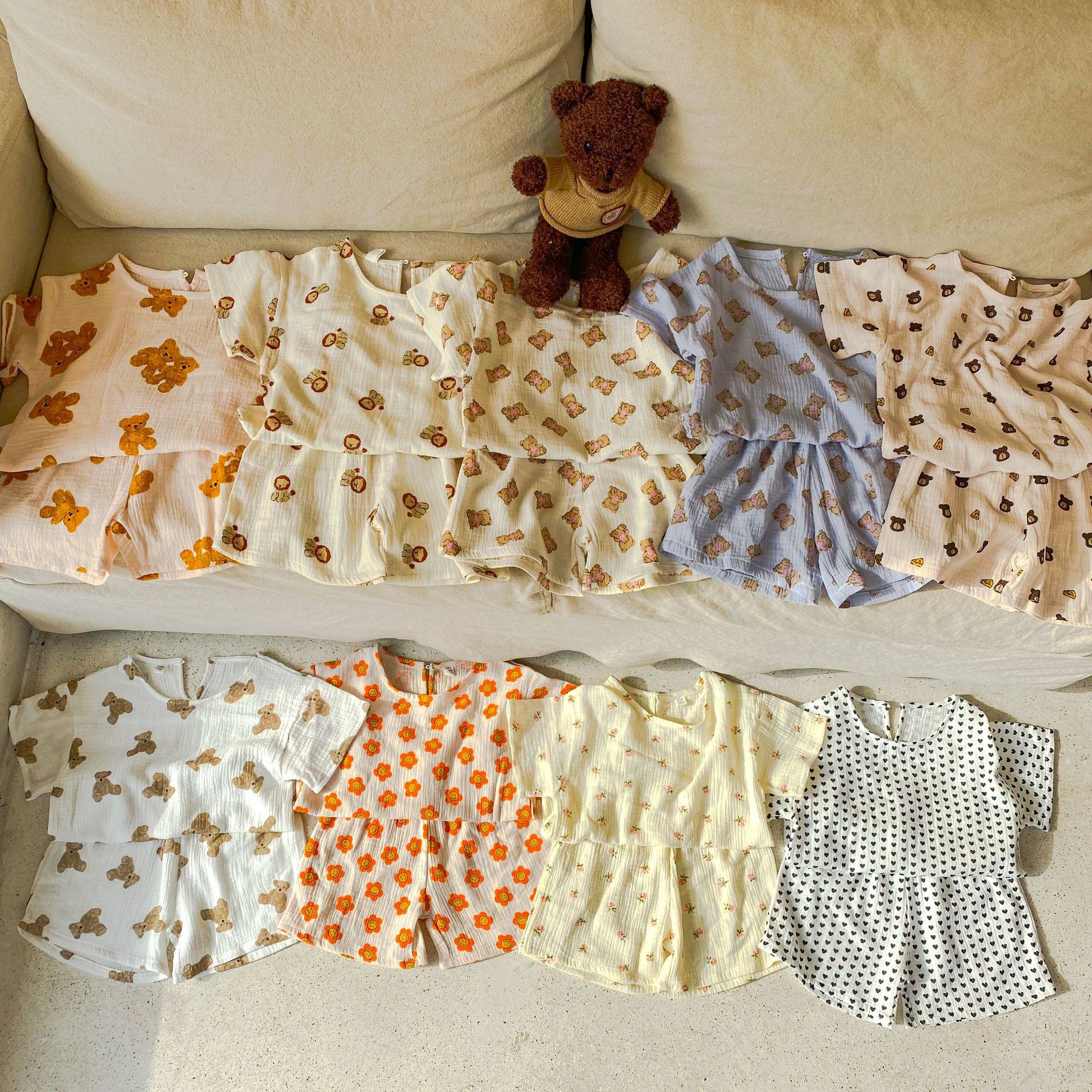 紗布棉短袖家居服套裝-小碎花-奶油色