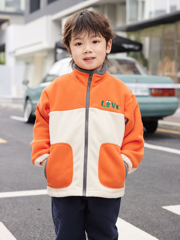 搖粒絨保暖兒童外套-LIVE-灰+杏