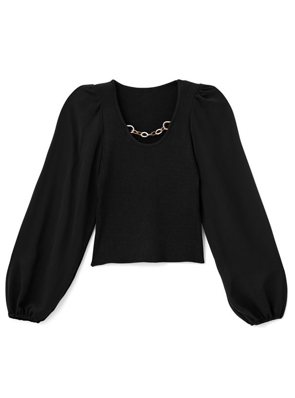 日本 GRL - 透膚薄紗拼接圓領金屬鏈長袖上衣-黑