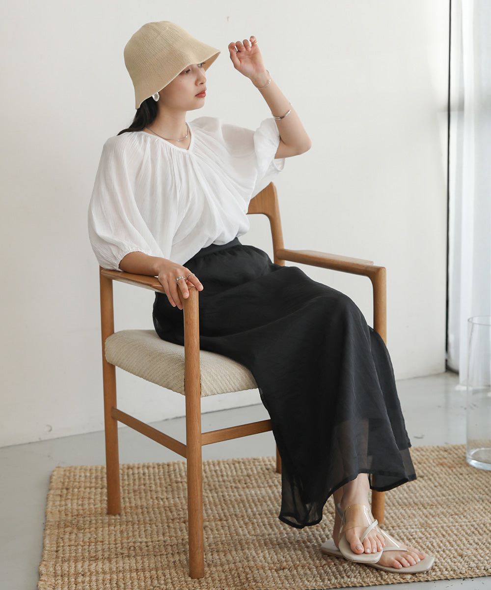 日本 Bab - 嫘縈後綁帶氣球袖上衣-咖啡