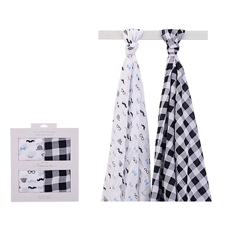 美國 Luvable Friends - 甜蜜寶貝多用途嬰兒棉紗包巾2入禮盒組-方格與鬍子