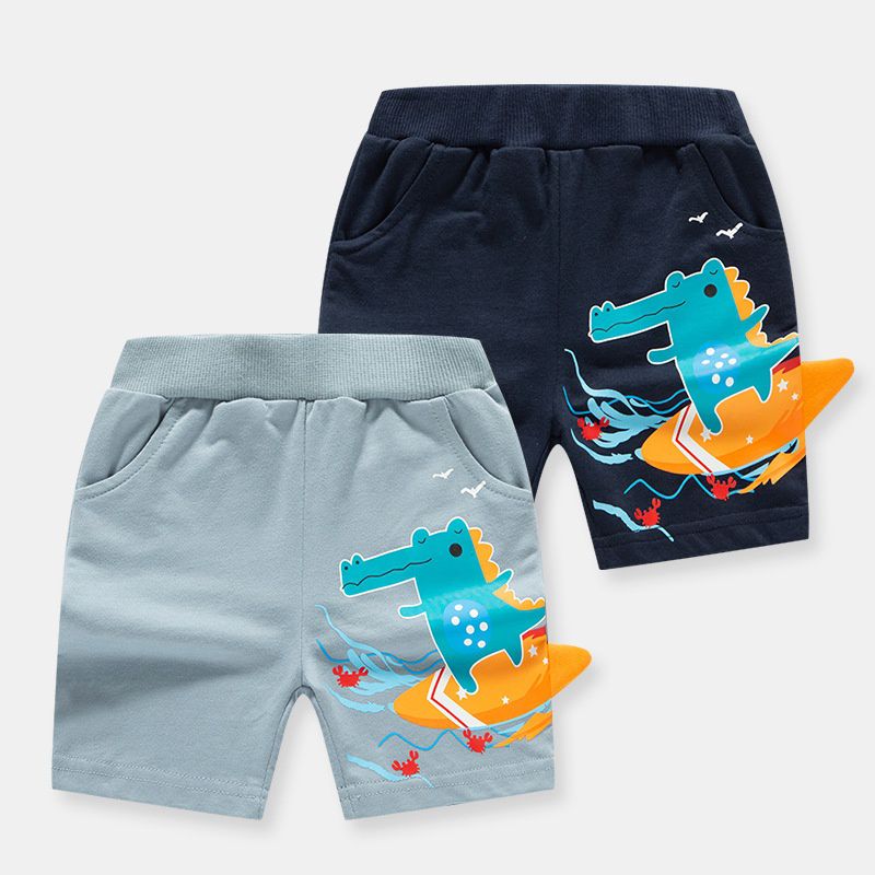 純棉休閒短褲-衝浪鱷魚-淺藍色