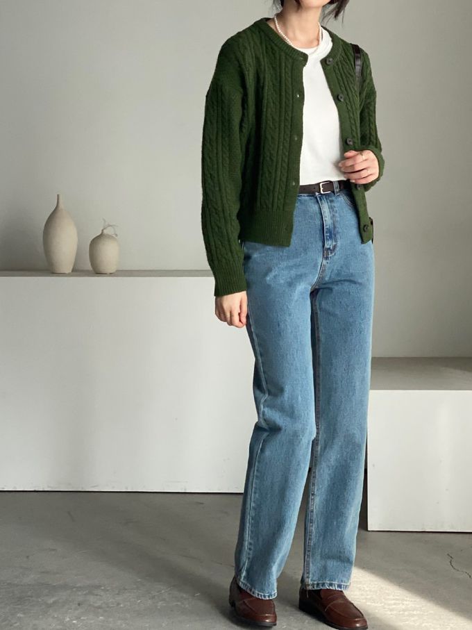 韓國女裝連線 - 麻花捲鈕扣無領針織外套-墨綠 (FREE)