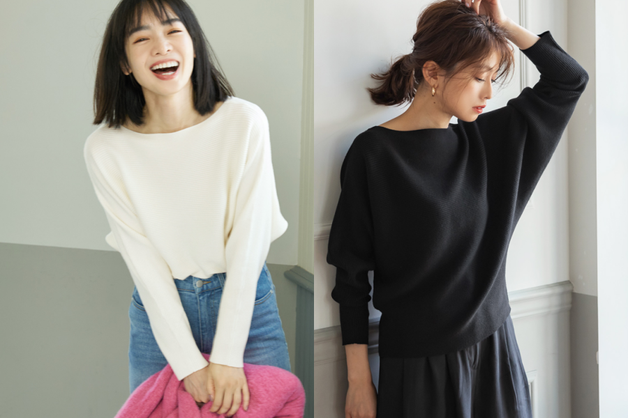 日本 COCA - 顯瘦船型領針織長袖上衣-深藍