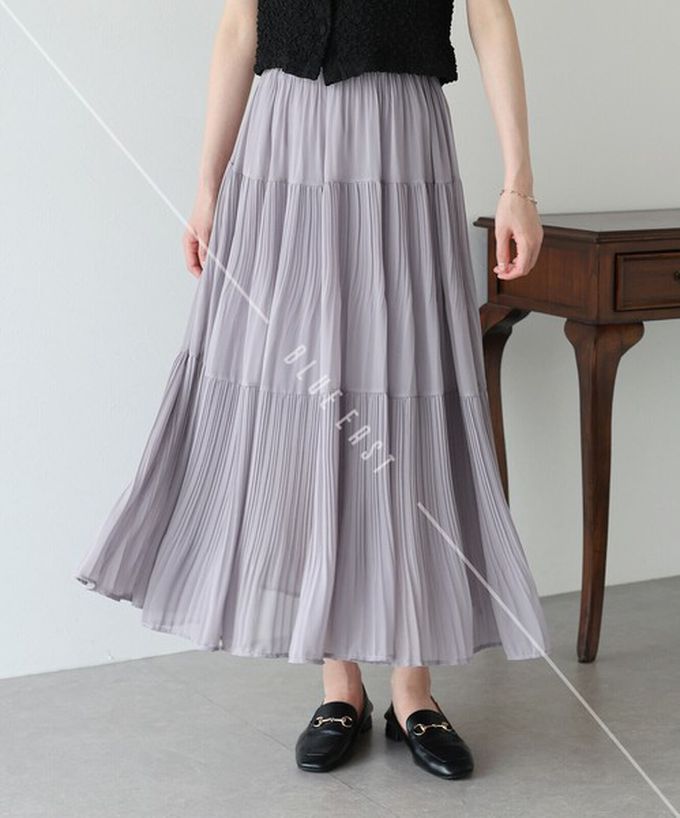 日本 BLUE EAST - 優雅細摺雪紡分層鬆緊長裙-米白 (M)