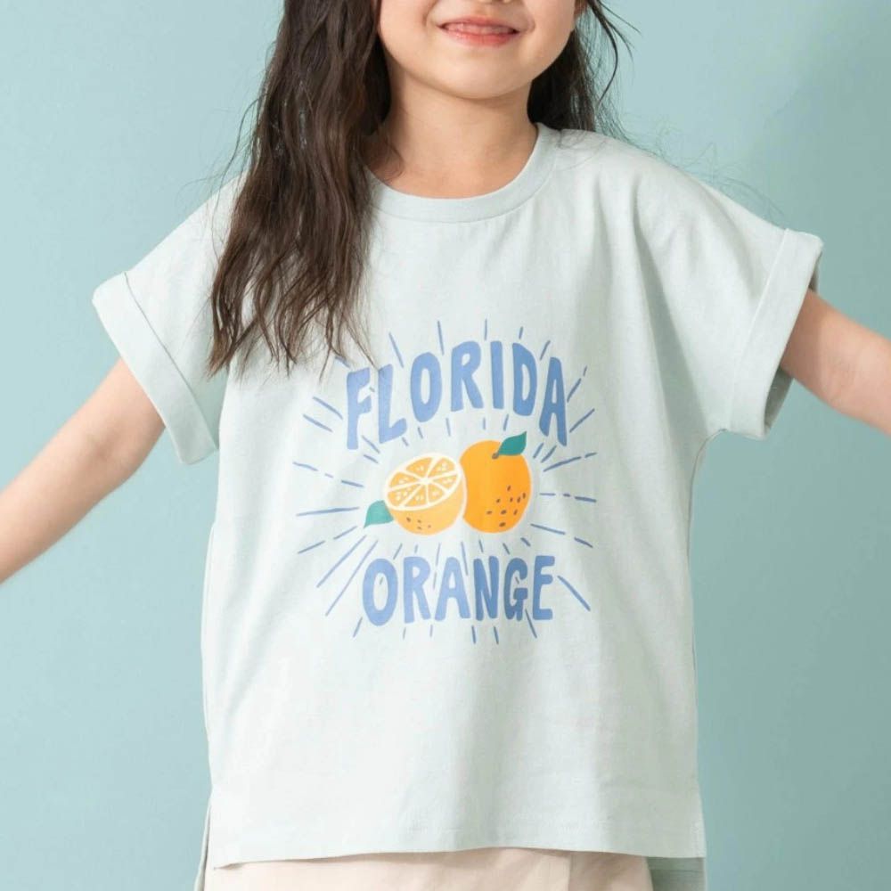 100%棉 開衩印花短袖上衣-清新橘子-薄荷綠