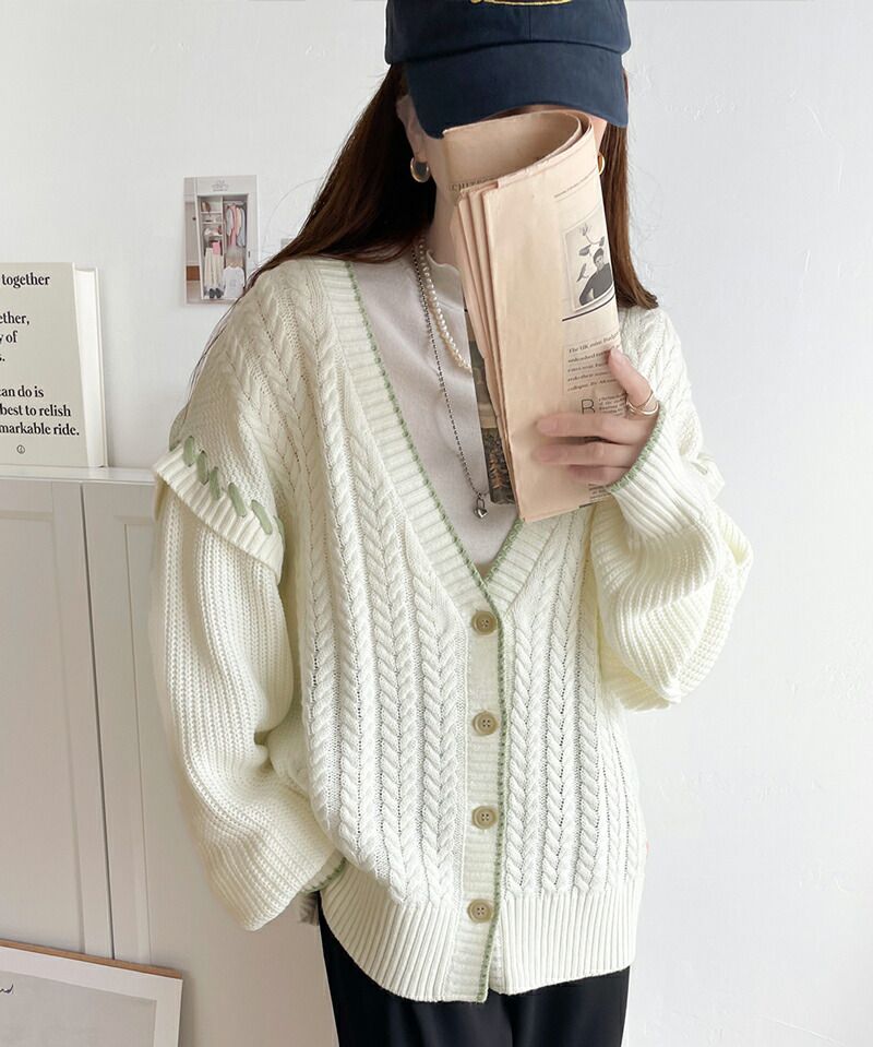 日本 Classical Elf - 2WAY滾邊縫線粗針織外套-摩卡x杏