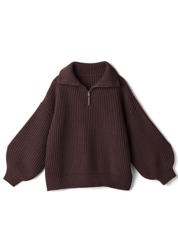 日本 GRL - 率性拉鍊領氣球袖針織上衣-深咖啡 (F)