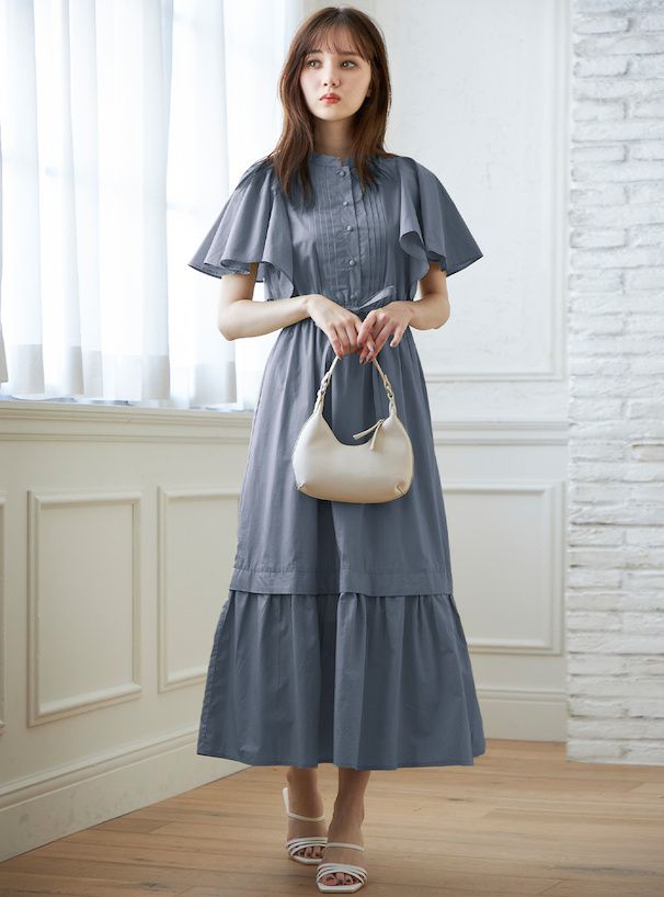 日本 GRL - 文藝復古荷葉袖收腰洋裝-淺卡其